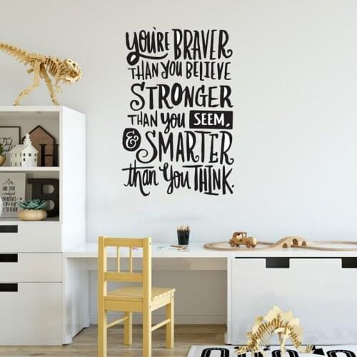 Inspiring Saying for Kids Wall Decal - "You're Braver Than You Believe..." Black Vinyl Design Art For Playroom, Study, A6-022