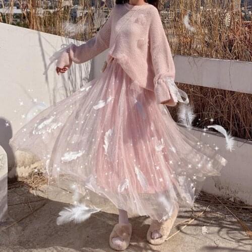 New Spring Autumn Sweet Mesh Fairy High Waist Skirt Women Harajuku Winter Mori Girl Style A-line Feather Embroidery Long Skirts