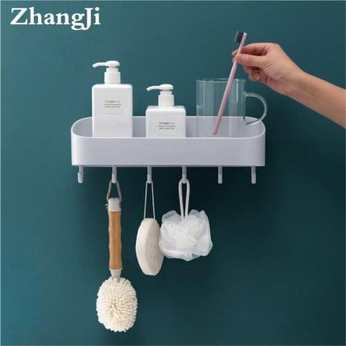 ZhangJi kitchen bathroom Rack Seamless Multifunctional storage shelf with six hooks powerful Storage Organizer Self-adhesive