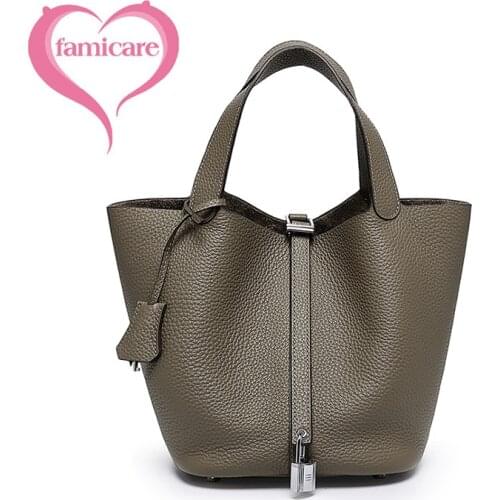 Womens Bag Female Handbags 2021 New Korean Niche Litchi Pattern First Layer Cowhide Basket Bag Leather Portable Bucket Bags