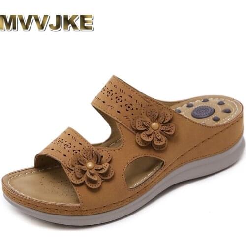 MVVJKE Summer Retro Womens Sandals Wedges Soft Leather Lightweight Comfortable Ladys Slippers Outdoor Beach Shoes Massage Slipp