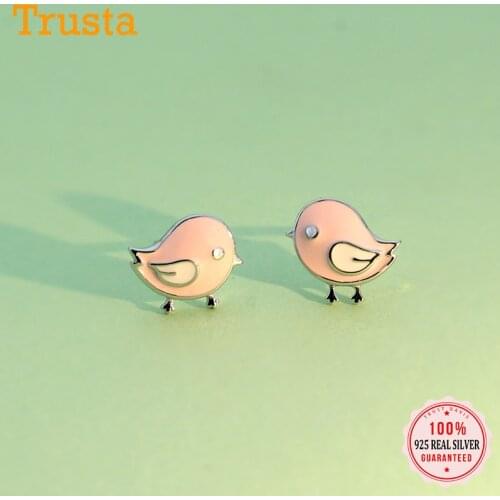 TrustDavis Real 925 Sterling Silver Fashion Sweet Glaze Pink Birds Stud Earrings For Women Wedding Party Fine Jewelry Gift DS616