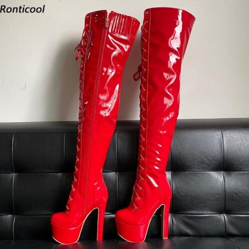 Ronticool New Handmade Women Thigh Boots Unisex Stable High Heels Round Toe Pretty Red Black White Night Club Shoes Us Size 5-16