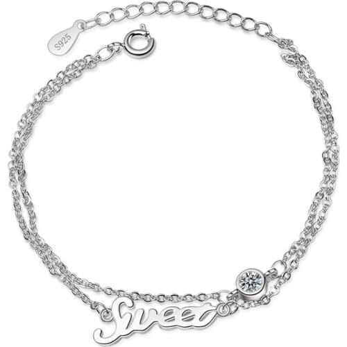 KOFSAC New Fashion 925 Silver Double Chain Bracelets For Women Wedding Jewelry Shiny Zircon Sweet Letter Bangles Girl Best Gifts
