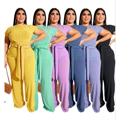 Candy Color Women Solid Big Size Two Piece Sets Casual Ladys Fashion O-neck Lace-Up Tops High Waist Bodycon Wide-Leg Pants Sets