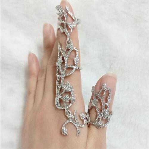Chain Link Ring Full Rhinestone Vintage Flower Double Finger Rings For Women Girl Party Jewelry Gift Accessories