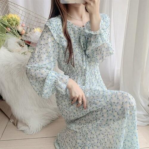 2021 Spring Vintage Elegant Lace-up Women Dress Peter Pan Collar Floral Print Dress Female Mid-calf Chiffon Dresses Femme Y515