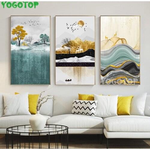 Gold Sun Deer Diy diamond painting Abstract Golden rhinestones embroidery mosaic 3 pcs/set 5d Nordic Blue Green Block ML1438