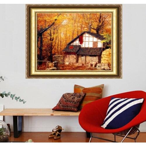 Diy Diamond Painting Square Diamond Tull Rhinestone Cross Stitch Sticker Painting Chinese Style Golden Autumn And House 40x30cm