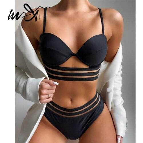In-X Push up bikini 2021 High waist swimsuit women Mesh swimwear female Solid 2 pieces set String hollow out bathing suit summer