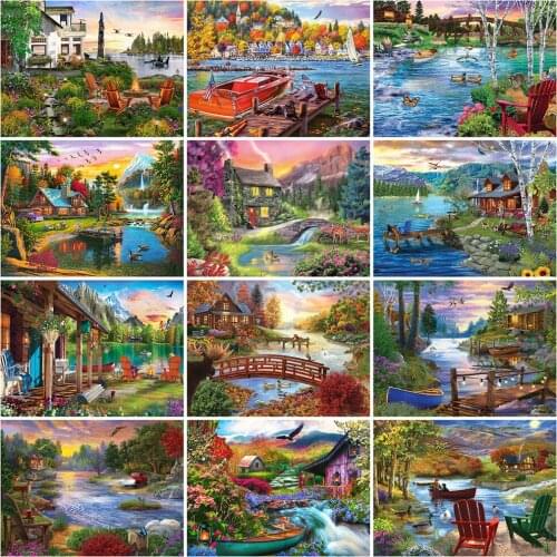 Evershine Diamond Embroidery House Mosaic Art 5D DIY Diamond Painting River Landscape Cross Stitch Nature Wall Decorations