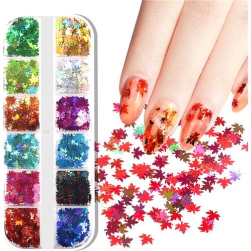12 Grids Holographic Glitter Sequins Maple/Butterfly/Letter/Flame Nail Art Paillette Flakes For Manicure Foil Slices Holo Sequin