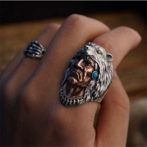 Indian Men Head Pattern Ring Wolf Hunter Tribe Leader Accessories For Men Domineering Special Jewelry Cocktail Party Embellish