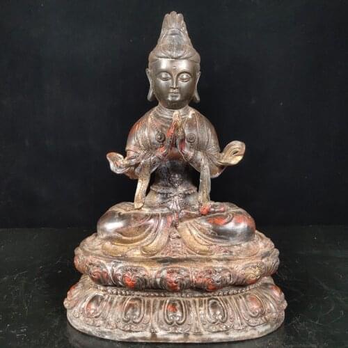 14"Tibet Temple Collection Old Bronze Lacquer Cinnabar Tara Buddha mother Guanyin Bodhisattva Northern Wei Buddha