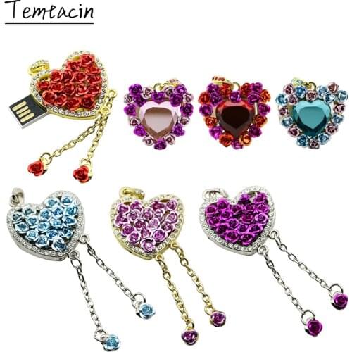 Crystal USB Flash Drive Rose Heart Necklace Pen Drive 8GB 16GB 32GB 64GB 128GB 256GB Pendrive Memory Stick Cle USB Thumb Drives