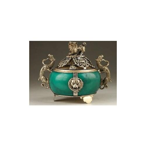 Chinese Vintage Collection Handmade Old Tibet Silver Dragon Jade Incense Burner wholesale factory Arts outlets