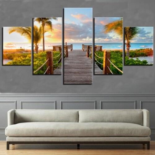 Cuadros modulares marco HD impresión moderna decoración para el hogar 5 paneles tablero de la costa caminar Palms playa sala de