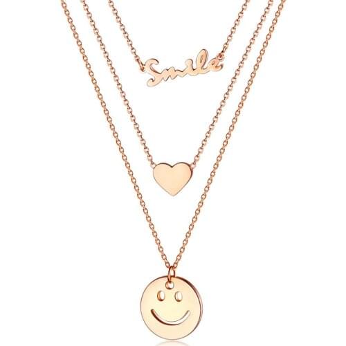 Charm Stainless Steel Heart Smiling face Pendant Necklace Rose Gold Multi-storey Chain Collar Jewelry Gift