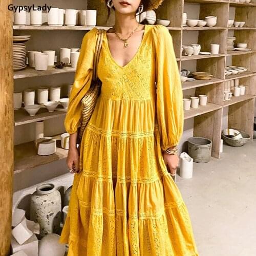GypsyLady 100% Cotton Casual Chic Midi Dress Eyelet Hollow Out Sexy Vintage Women Dresses V-neck Long Sleeve Ruffles Dresses New
