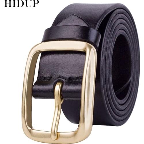 HIDUP Mens Casual Styles Top Quality Design Cow Skin Genuine Leather Belt Brass Pin Buckle Metal Belts Jean Accessories NWJ116