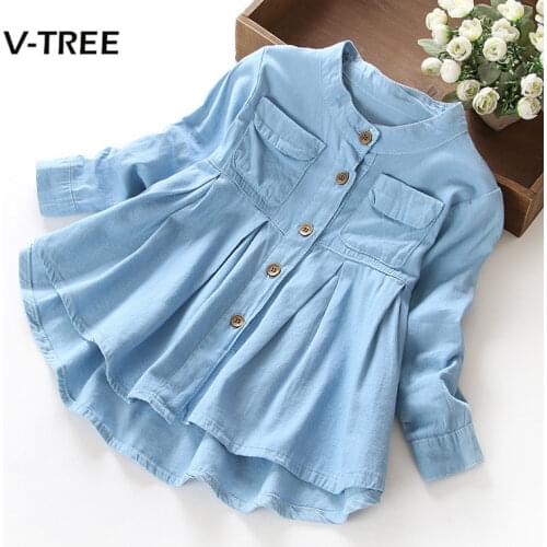 V-TREE girls dress 2-10 years teenage girls denim dress kids spring long sleeve A-line dress children baby clothes