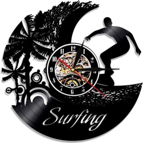 Surfing Hobby Vintage Vinyl Record LP Wall Clock Summer Beach Time Wall Clock Surfing Wave Black Wall Decor Wall Art Surfer Gift