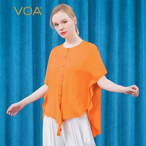 VOA Silk Orange Jacquard O-Neck Bat Sleeve Single-breasted Curved Hem European and American Style Relaxed Shirt Female BE590