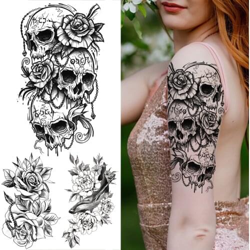 Black Skull Rose Flower Temporary Tattoos For Women Adult Peony Shark Fake Tattoo Sticker Sexy Arm Back Waist Tatoos Halloween