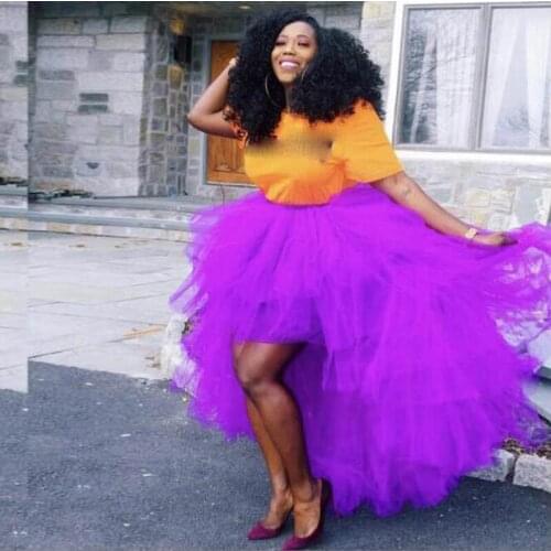 2019 Trendy Purple High Low Ruffles Tiered Long Tulle Skirts Women Plus Size Elastic Bridesmaid Tutu Skirt