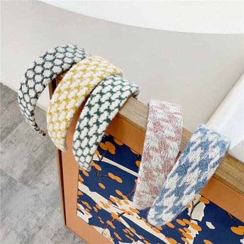 Handmade Weaving Woolen Wide Headband Fragrant Plaid Color Splicing Head Hoop Simple Korean Head Wrap Women Hairbands Turban