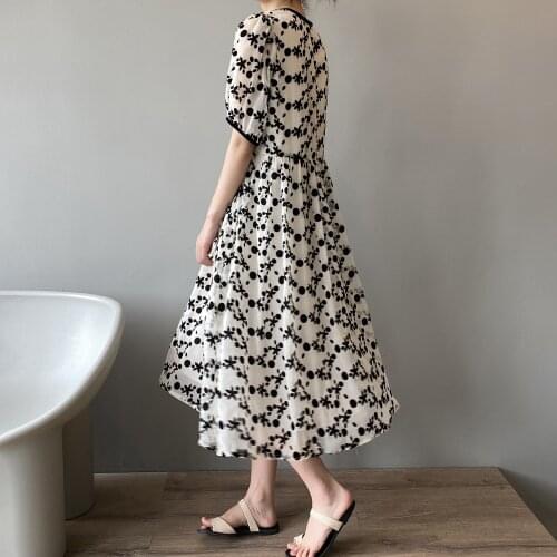Flocking Floral Dress Women 2021 Summer New Round neck Short Sleeve Loose Long Dresses Sweet temperament women dress y2k dress
