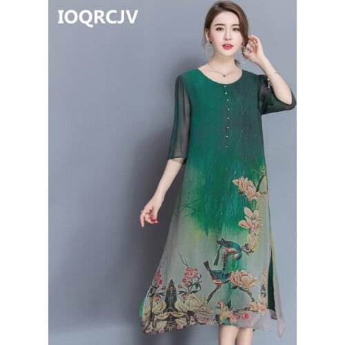 M-4XL Plus Size Spring Summer Silk Dress Chinese Style Dress High Quality Loose Print Party Womens Mid-Calf Dress Female L155