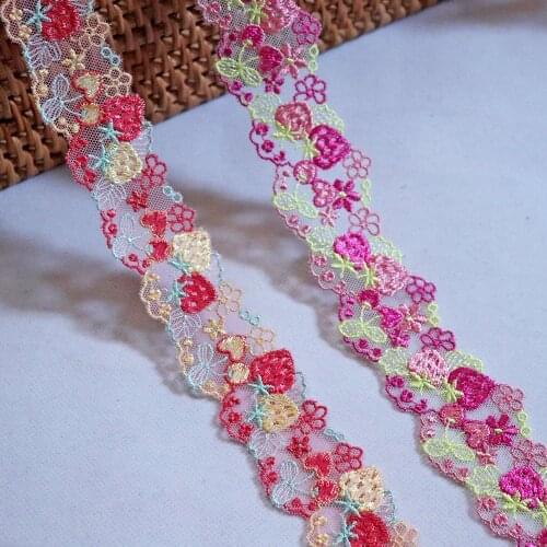 2Meters 3CM Wide Strawberry Heart Embroidery Lace Trim Ribbon Mesh Handmade Hair Accessories Dolls Dress Curtains Sewing Fabric