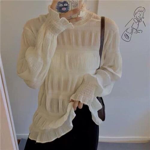 2020 Autumn and Winter Loose Long Sleeve Chiffon Lace Shirt Turtleneck Top Blusas Ropa De Mujer