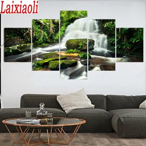 5D round square diamond embroidery green waterfall landscape Diy full sets diamond painting mosaic pictures rhinestones 5 pcs