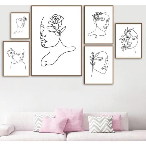 Abstract Line Drawing Paintings Female Face Flower Canvas Wall Art Pictures Modern Minimalist Living Room Bedroom Decoration