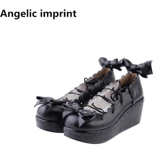 Angelic imprint woman mori girl lolita cosplay shoes lady high heels wedges pumps women princess dress party shoes bowtie 33-47
