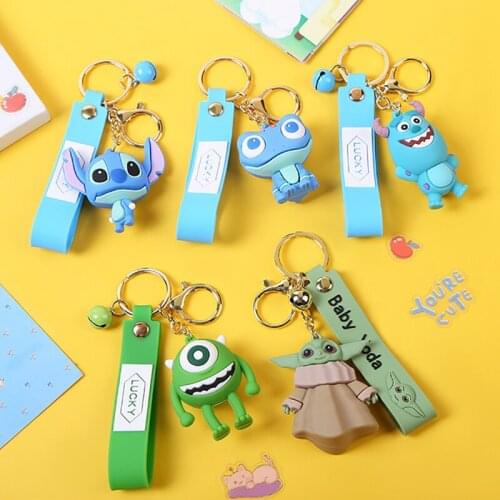 Disney Anime Monster Big Eye Doll Key Ring Silicone Cartoon PVC Figures Yoda Cute Stitch School Bag Pendant Car Keychain Gifts
