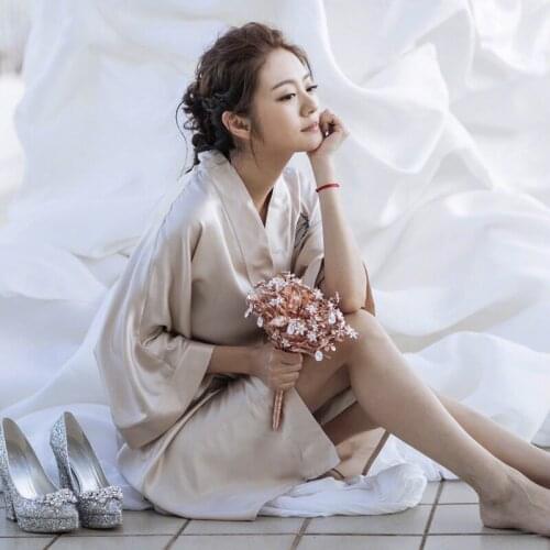 Brand Designer Ladies Silk Kimono Robe noble Solid robe sexy Wedding Robe summer short robe Bride dressing gown