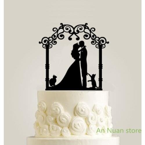 Black acrylic Flower door wedding cake topper Bride and Groom with 2 cats Cake Topper for wedding cake Decor with Free shipping