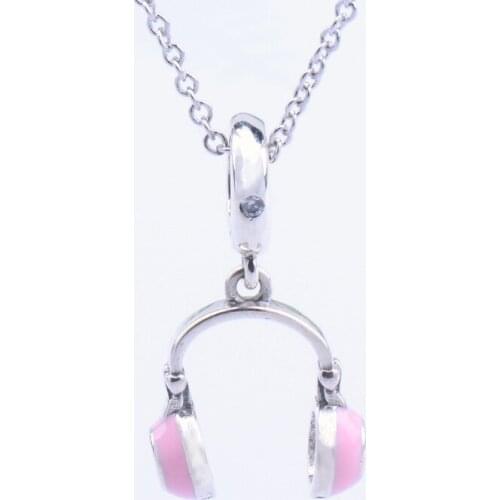 S925 Sterling Silver Pink Earphone Charm Pendant Fit Original Charms Necklace