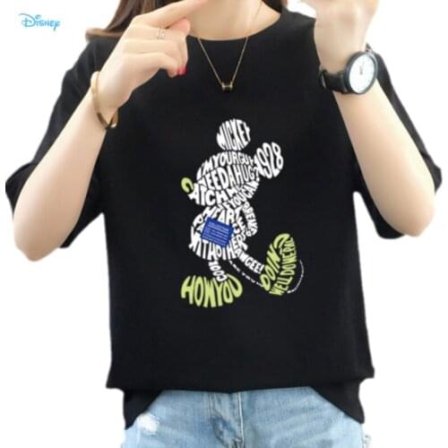 Disney Mickey Mouse with Letters Cool Tshirt Women 2021 Summer Loose Short Sleeve 100% Cotton Kawaii Graphic T Shirts for Ladies