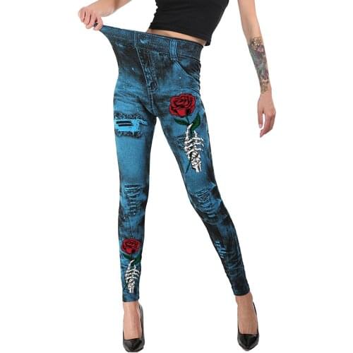 Halloween Faux Denim Jeans Leggings Rose Flower Print Breathable Leggins Casual Pencil Pants Jeggings High Waist Slim Pantalones