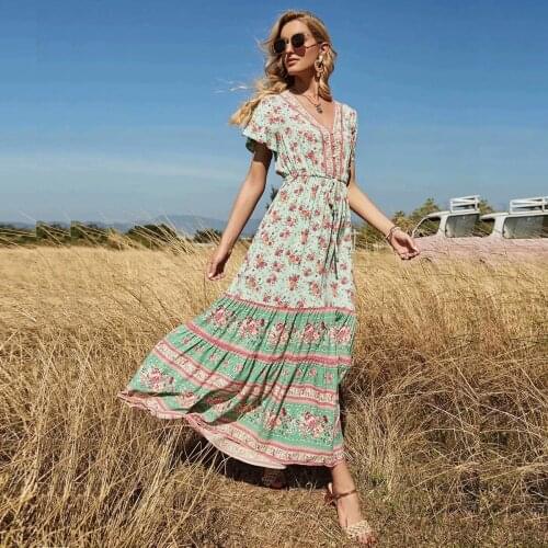 Bellflower Maxi Summer Bohemian Sexy Dress For Women Erotic 2021 V-neck Print Drape With Short Sleeves Beach Viscose Dress