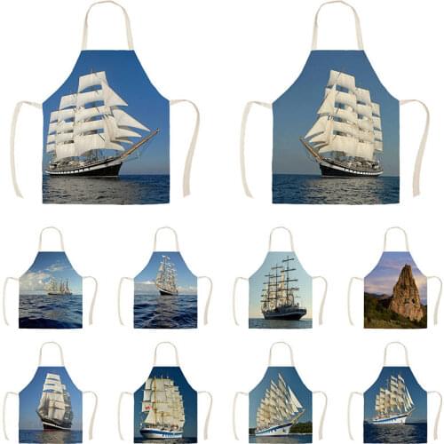 Colorful Vintage European Ship Kitchen Aprons for Woman Man Home Cooking Baking Shop Cleaning Cotton Linen Apron WQ1558