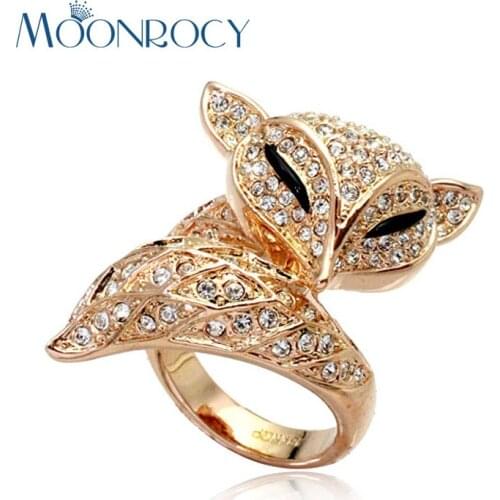 MOONROCY Free Shipping Fox Animal Jewelry Wholesale Rose Gold Color Cubic Zirconia Crystal Rings Fashion Womens Party Gift