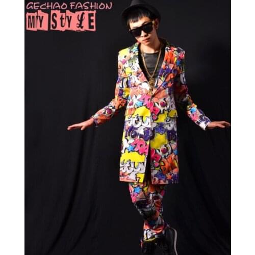 Graffiti hip hop blazer men suits designs jacket mens long coat stage costumes singers clothes dance star style dress punk rock