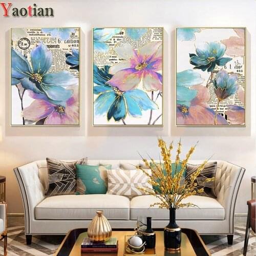 3 Panels DIY Painting By Numbers Abstract Floral Full Square Round 5D Diamond Painting Kits Embroidery Rhinestone Nordic Decor