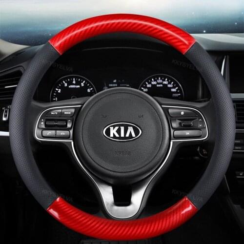 Genuine Leather+Carbon Fiber 38CM Car Steering Wheel Cover for Kia Rio 2 3 4 X Line Kombi Sedan Auto Accessories Interior