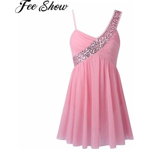 Sequins Flower Girl Dresses Kids Sleeveless Irregular Shoulder Straps Ballet Dance Leotard Dress Girls Figure Skating Dress